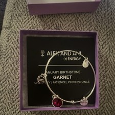 ALEX AND ANI Garnet January Birthstone Charm Bangle Bracelet Silver Adjustable