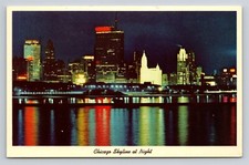 Chicago Illinois Skyline at Night View Lights Lake Front Vintage IL Postcard