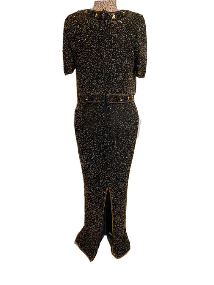 Vintage Papell Boutique Evening Silk Beaded Gown 10 Short Sleeve Long Dress - Image 3 of 4