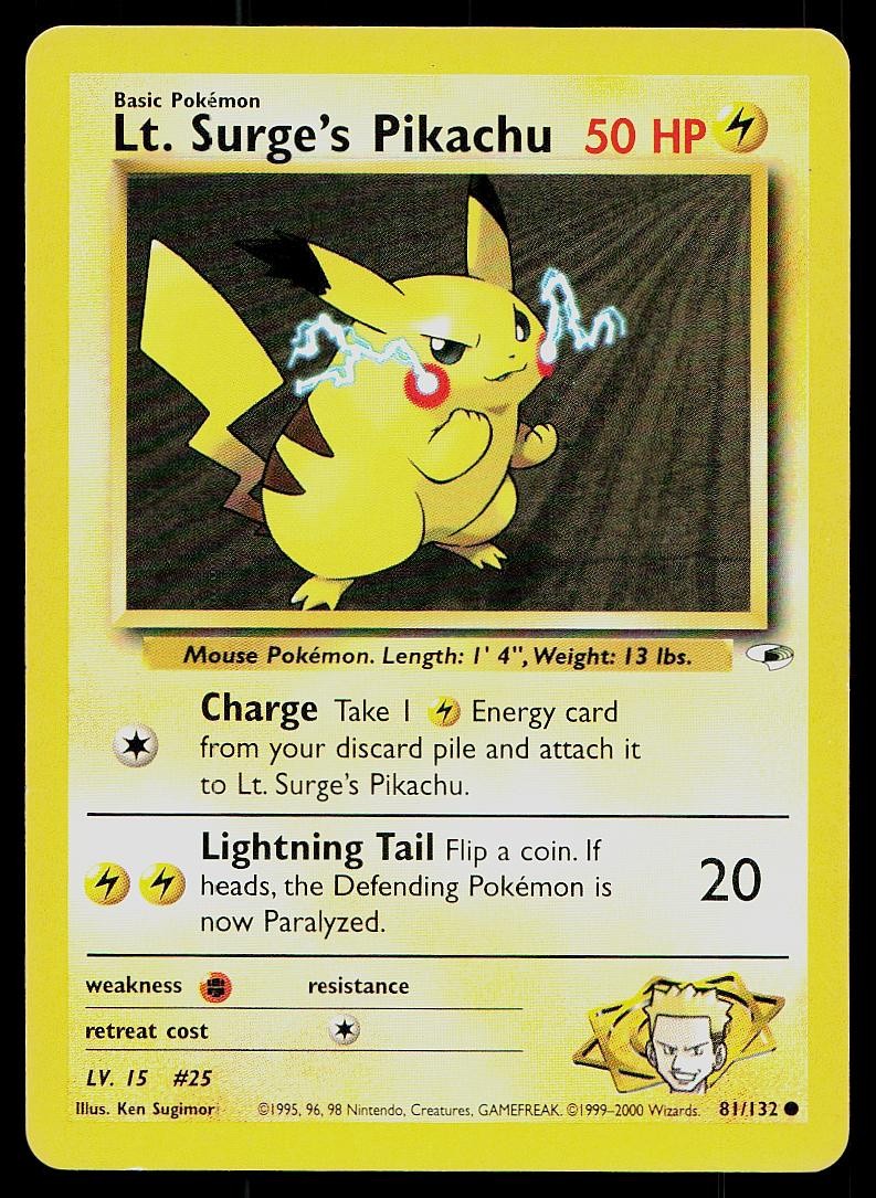 Pokemon Card Gym Heroes Lt. Surge's Pikachu 81/132 Unlimited Common
