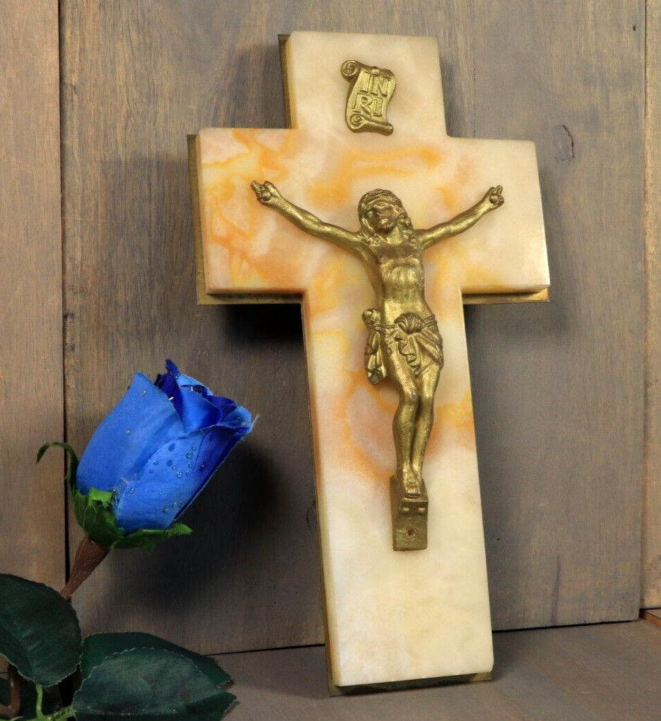 Antique French White Onyx Marble Gilt Wall Cross Crucifix -Ships DDP to USA