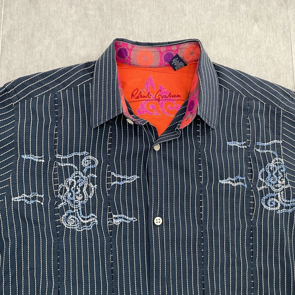 Camisa Robert Graham Adulto Grande Alta Azul Seda Borde Abotonada Manga Larga Para Hombre Foto 4 de 4