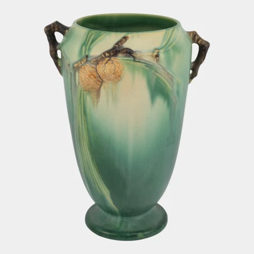Roseville Pine Cone Green 1936 Vintage Art Pottery Ceramic Handled Vase 709-10