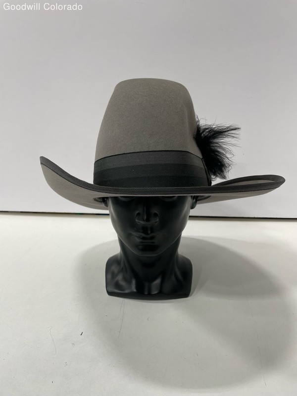 Miller Bros Western Hat Dove Gray Black Band Feather Wide Brim Size 7 1 2