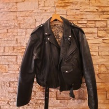 Lederjacke, schwarz, Vintage, Biker, schwer, 80er Jahre, Größe L, mit Gürtel 
