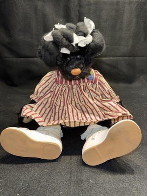 Vintage Black Teddy Bear Plush Doll Dress White Shoes Bow Hair