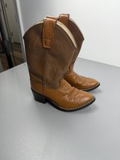 Old West Kids Brown Synthetic Ostrich Leather Cowboy Boots Size 13 Youth Pull On