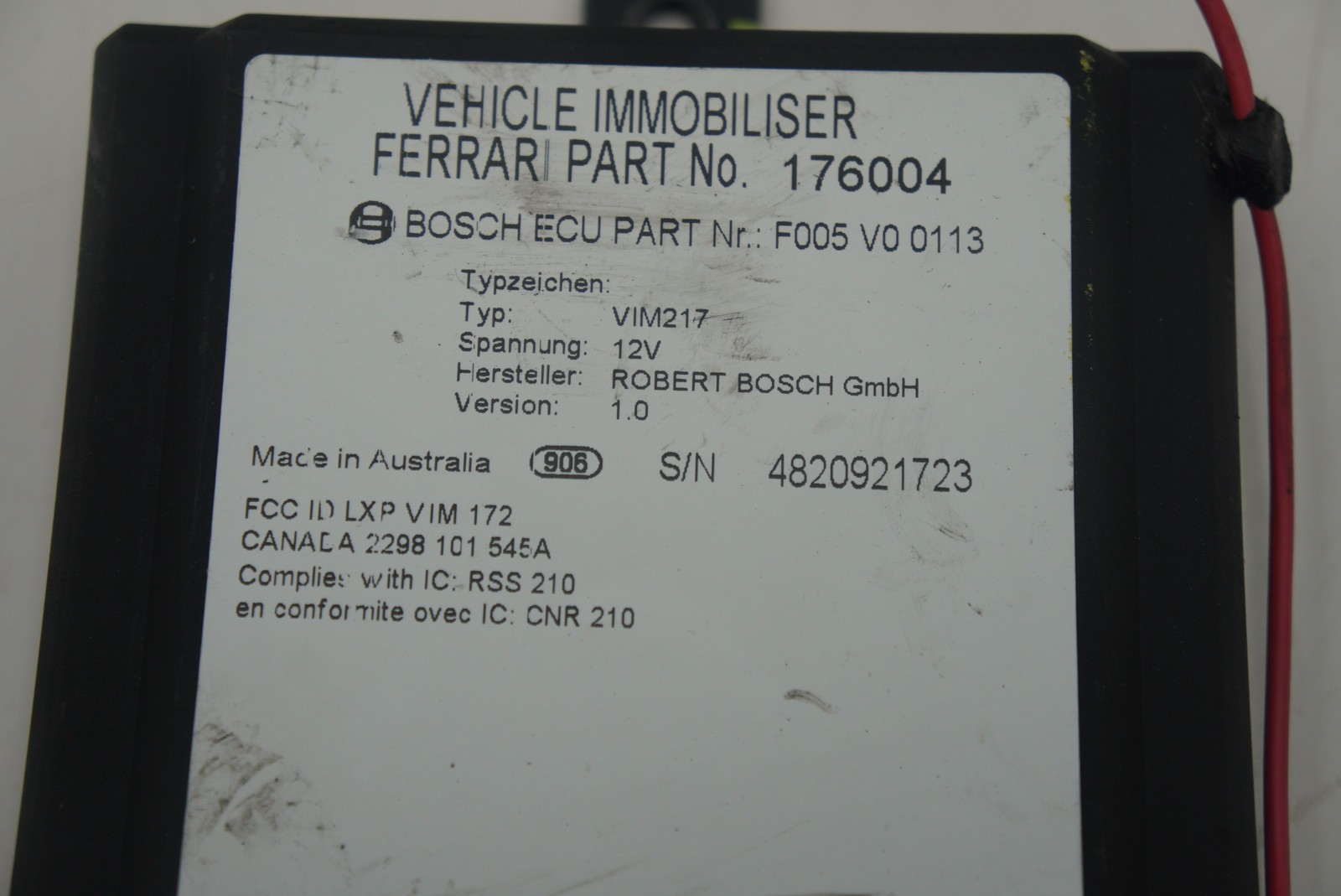 Anti Theft Vehicle Immobiliser Control Module 176004 Ferrari 360 2004 575 550