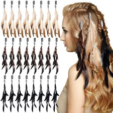 Geyoga 24 Pcs Clip in Hair Feathers with Beads, Boho Feather Hair Clips for Wome