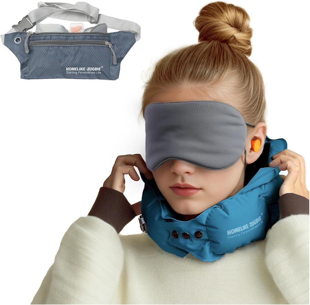Inflatable Neck Pillow for Travel - Compact Airplane Pillow for Neck Support