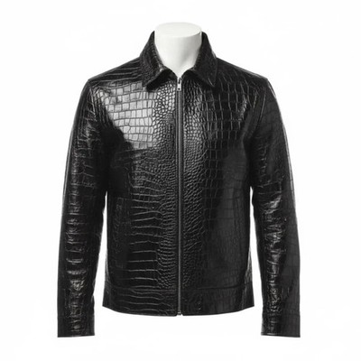 Mens Genuine Lambskin Leather Black Crocodile Embossed Classic Zip Luxury Jacket