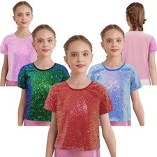 Kids Girls Tee Festival Top Shiny T-shirt Dance Costume Rave Short Sleeves Jazz
