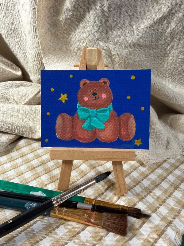 ACEO Original, Country Cuddly Teddy Bear, Mini Art Painting