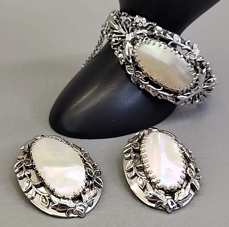 Juego de pendientes de clip de pulsera Whiting Davis vintage pinza con bisagras tono plata Foto 2 de 4