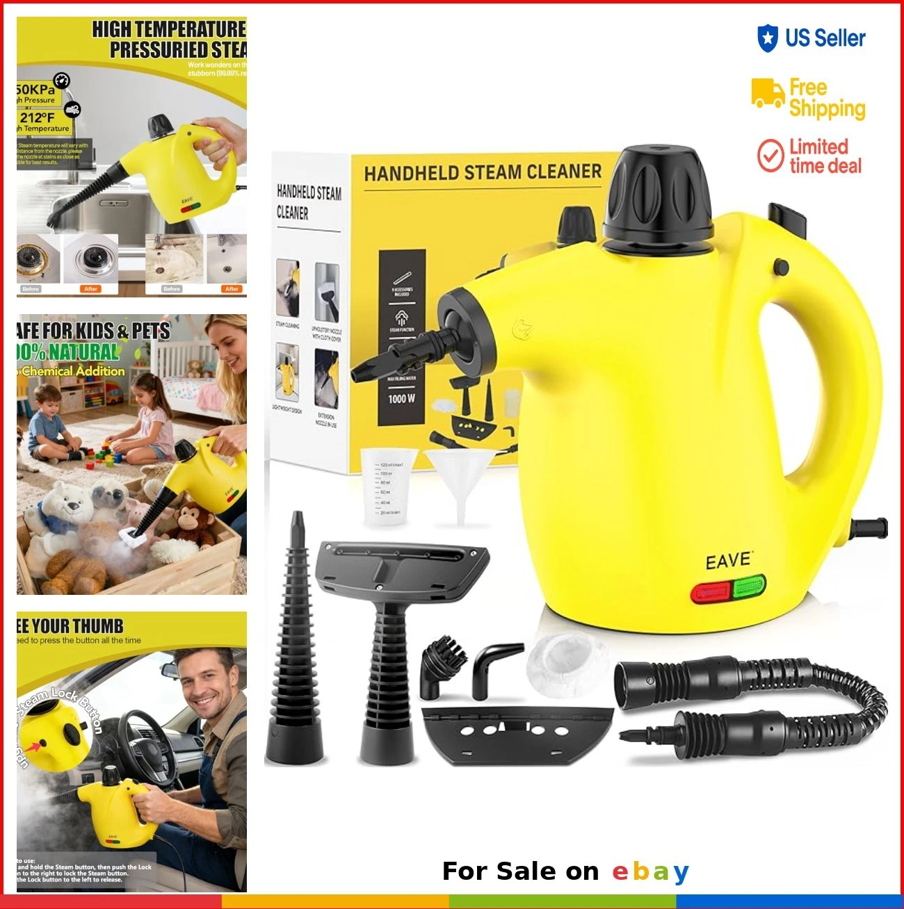 Handheld Steam Cleaner 1050W 212F 450ml 13ft Cord 9 Accessories for Home Car