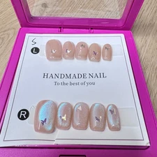 Handmade Hard Gel Press on Nail Art Kit Sz S Glitter Butterfly Translucent