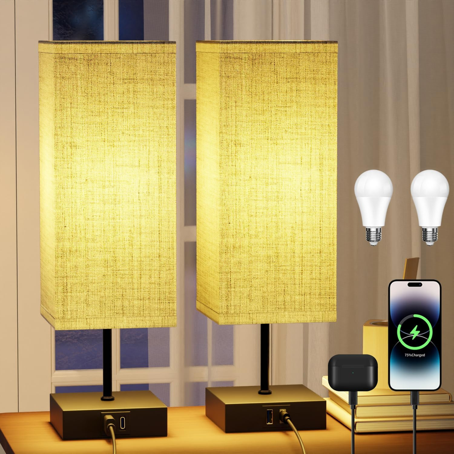 Lampada Da Comodino Set Di 2, Abat Jour Touch Con 3 Temperature Colore & 2 Porte