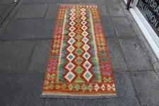 Kilim Vintage Traditional Hand Made Oriental Green Wool Kilim Runner 197x76cm