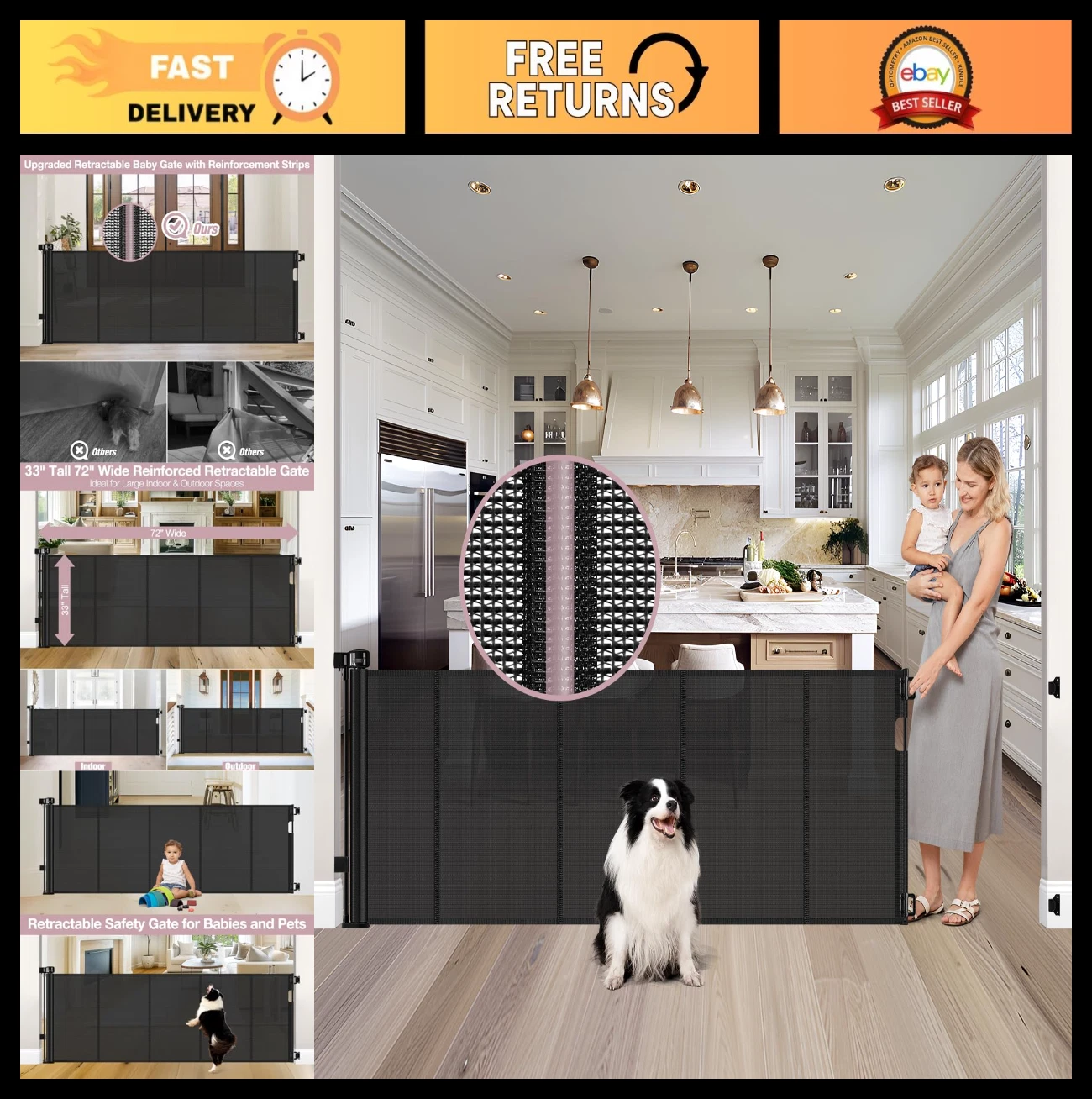 Extra Long 72" Retractable Baby Gate - Mesh Dog Gate for Stairs & Doorway, Indoo