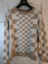 Lovesoft Women's Plaid Sweater Pullover Loose Fit Crew Neck Knit Jumper Top SZ L