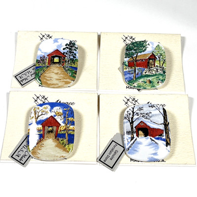 Covered Bridge Brooch Pin Set- 4 Seasons Spring Summer Winter Fall Porcelain