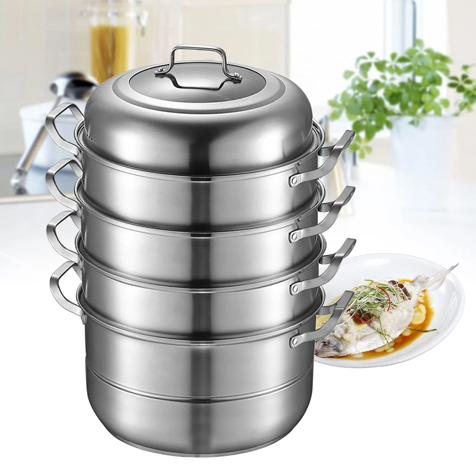 32.5 cm Steamer Pot, 5-Tier 304 Stainless Steel Steamer Pot with Glass Lid USA