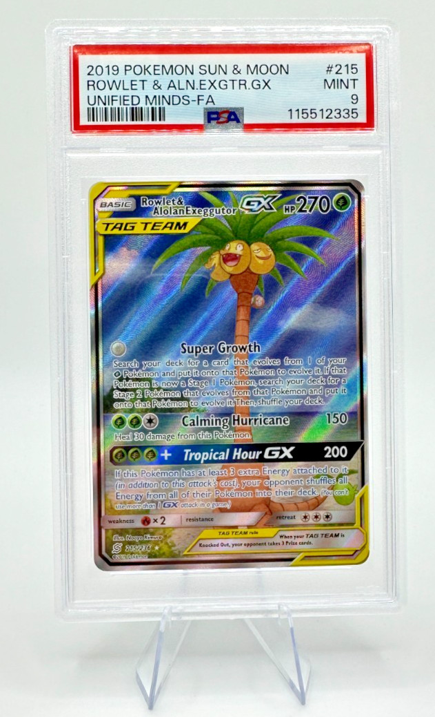 2019 Pokemon S&M Unified Minds Rowlet & Alolan Exeggutor GX #215 Tag Team PSA 9