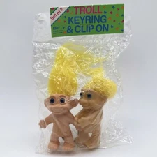 Giftco Troll Keyring & Clip-On Set of 2 VTG Yellow Hair Trolls Blue Eyes NOS