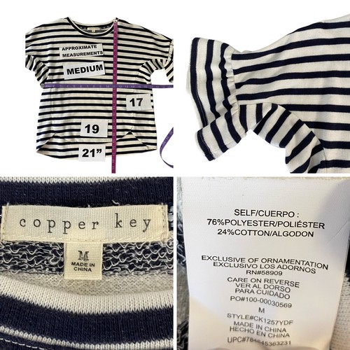 Copper Key Top Womens Medium Blue Breton Stripe Nautical Coastal Ruffle Sleeve - Picture 4 of 14