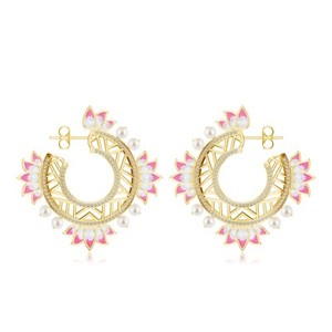 Authentic 14k Gold Plated 925 Sterling Silver Pearl, Moissanite Lotus Flower Hoop Earrings