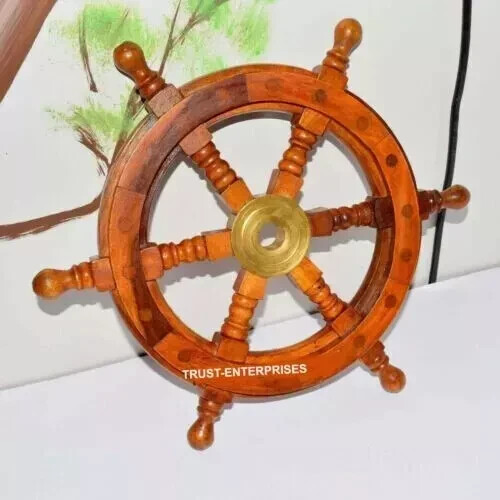 12"Brass Nautical Wooden Ship Steering Wheel Pirate Décor Wood Fishing Wall Boat - Picture 5 of 5