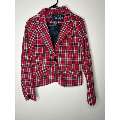 Women’s Small Outer Edge Red Plaid Cropped Blazer Jacket Button Up
