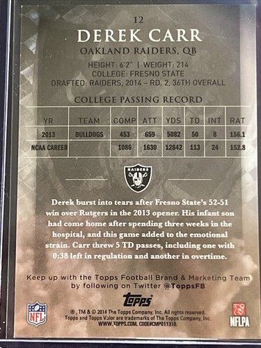 Derek Carr 2014 Topps Valor Rookie Card RC Las Vegas Raiders | eBay