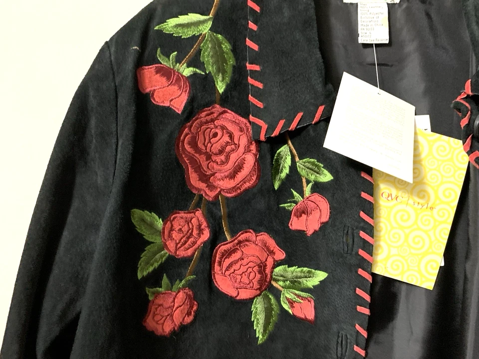 Chaqueta de cuero de gamuza Quacker Factory de colección floral rosa occidental para mujer L negra nueva con etiquetas Foto 2 de 4