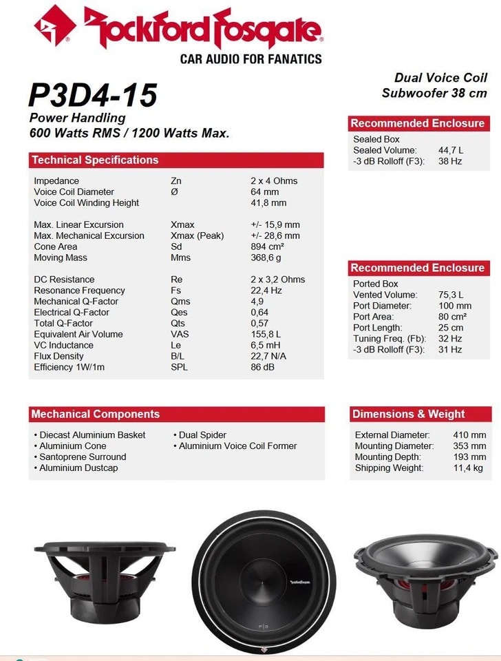 Rockford Fosgate P3D4-15 Subwoofer Punch P3 Series 38 cm (15") 600 Watt RMS  - Bild 4 von 4