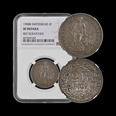 SWITZERLAND. 1908, 2 Francs, Silver, B - NGC XF - Helvetia, Bern