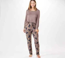 AnyBody Brushed Jersey Printed Sleep Set w/ Tie Waistband Taupe/Moose M A387702