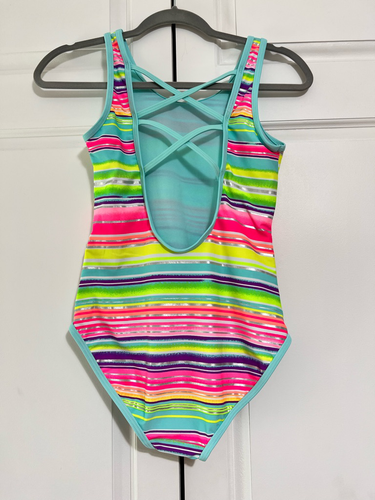 Girls One Piece Swimsuit Shiny Stripes Back Cross-Straps - Picture 3 of 7