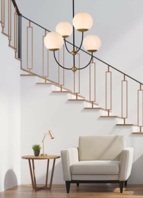Chandelier Light Fixture White Shades Modern Foyer Dining Room Black Brass 31''