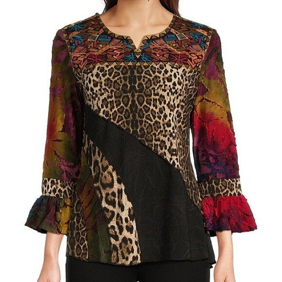 Calessa Patchwork Split V-Neck Ruffled Sleeve Top… - image 2
