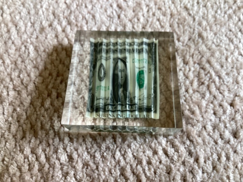 Lucite Paperweight Desk Shrinking Dollar Bill