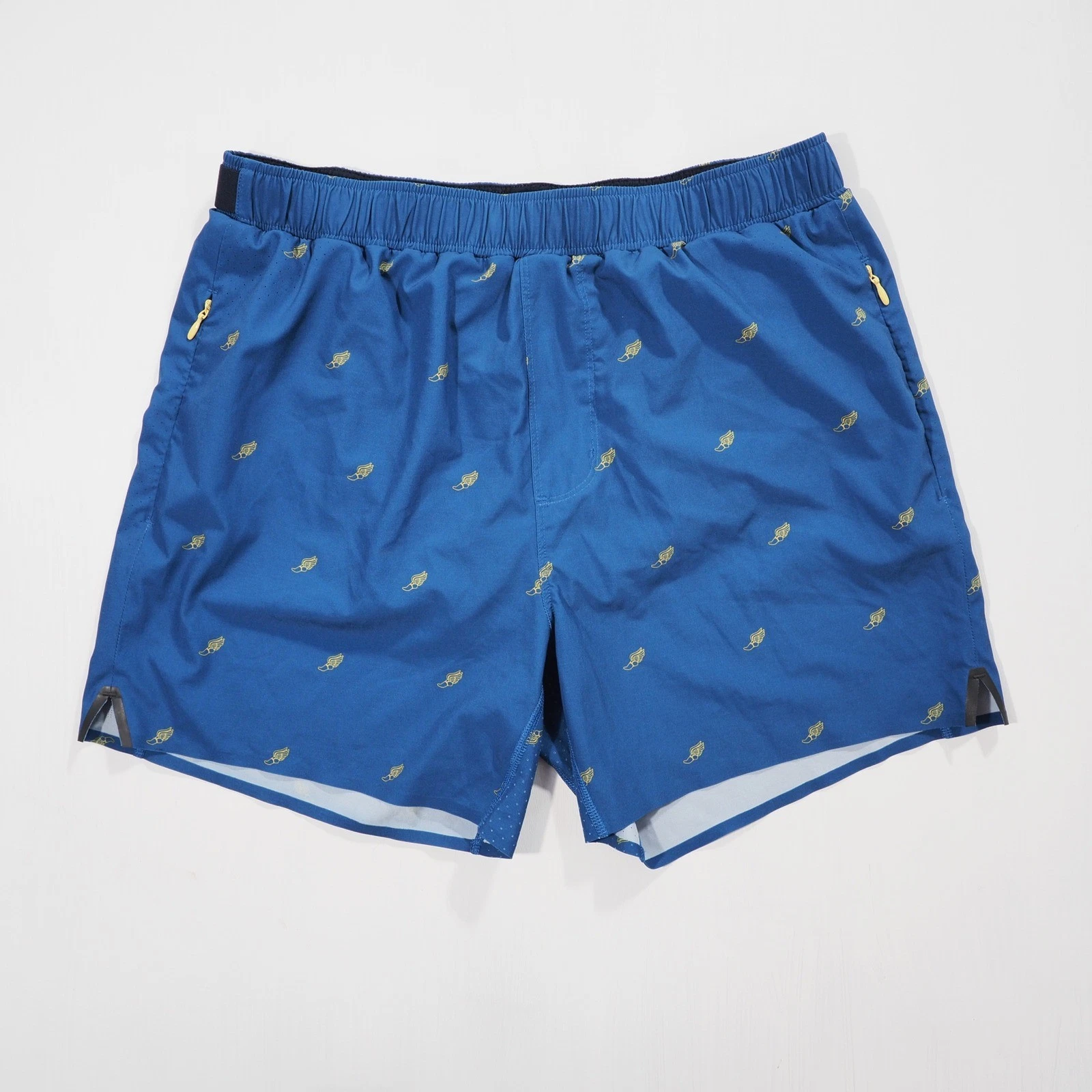 Rhone Swift Academy Shorts Men Medium Blue Winged Foot Print Lined Athletic Loop