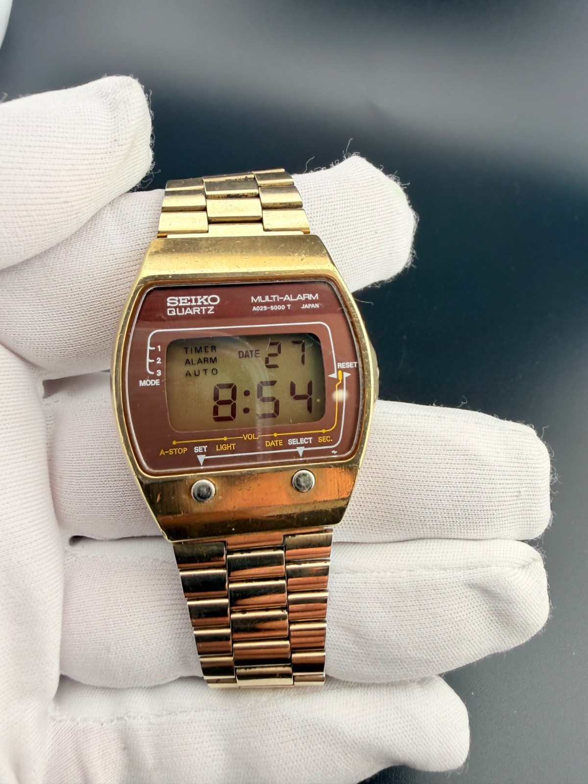 Rare Seiko A029-5000 Multi-Alarm Quartz Vintage Digital Watch, Gold-Tone Case