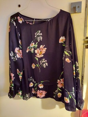 ellos, black floral long sleeve pullover blouse, size 28