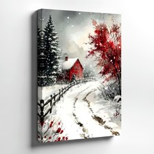 Wall Art Snowy Winter Landscape Red Cabin Print Rustic Country Farmhouse Decor