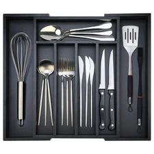 Bamboo Kitchen Drawer Organizer Tray Black Expandable Spoon Silverware Organi...