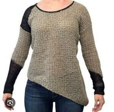 HELMUT LANG Flecked Boucle Pullover Beige Black Asymmetrical Crew Neck Sweater L