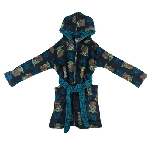 Star Wars Grogu Baby Yoda Hooded Fleece Robe Kids Size 6 Gray Teal Mandalorian
