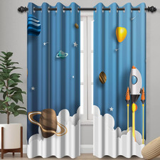 Cartoon Space Adventure Themed Blackout Curtains for Kids Room, Blue Planet Rock