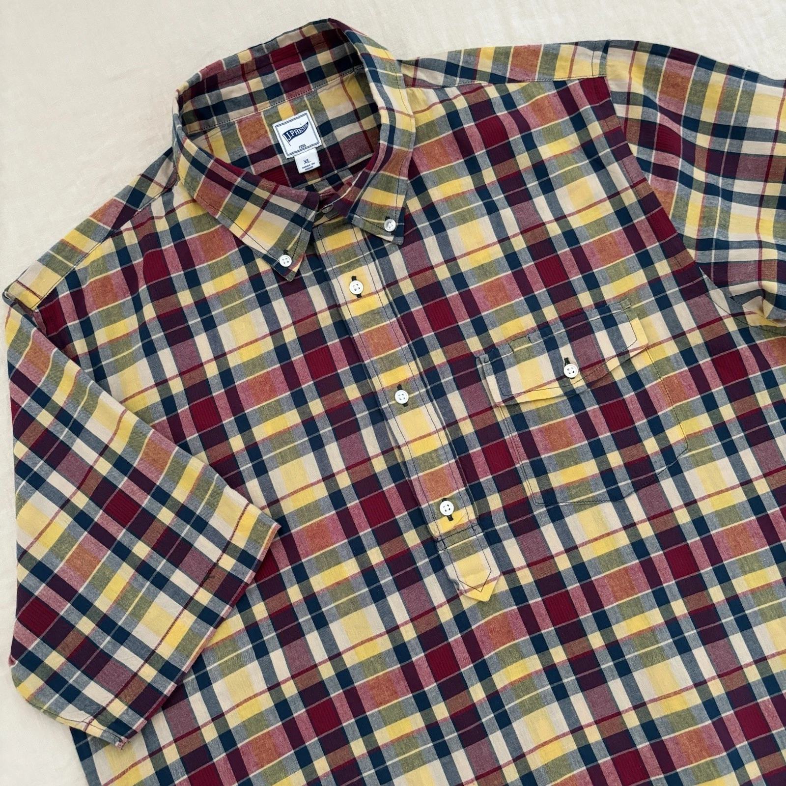 J.Press Madras Plaid Popover Short Sleeve Shirt Men’s XL Red/Blue/Yellow